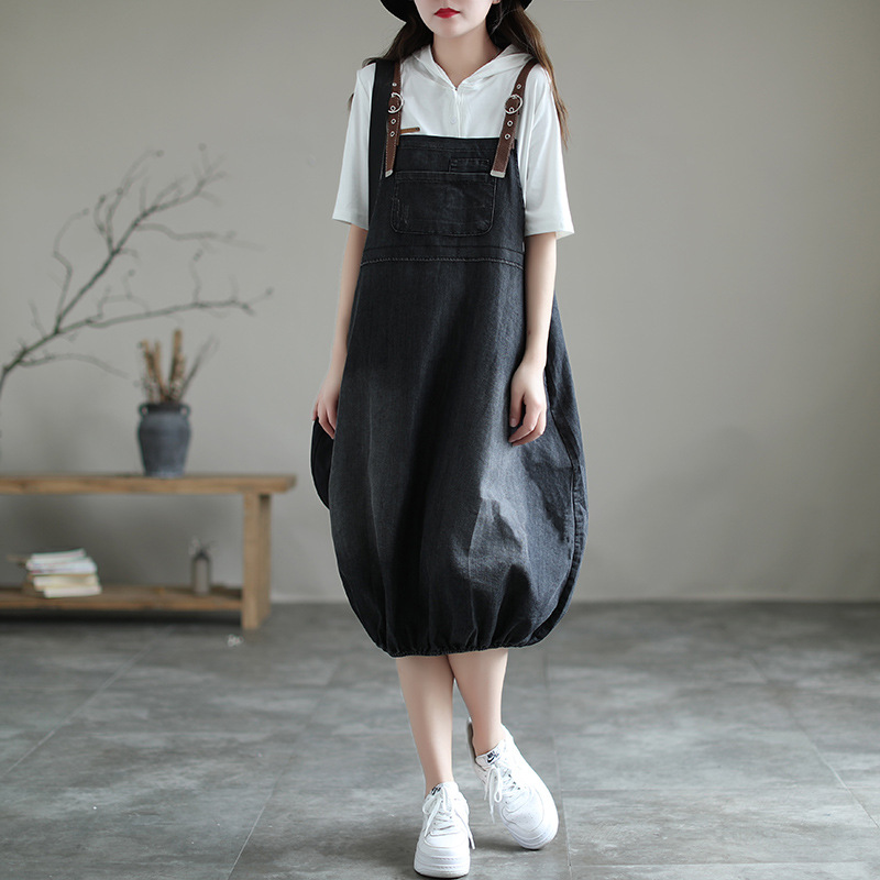 夏装薄牛仔背带裙女松紧下摆灯笼裙宽松文艺复古减龄连衣裙