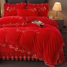 冬季牛奶绒夹棉床裙四件套双面加厚珊瑚绒被套大红色结婚床上用品