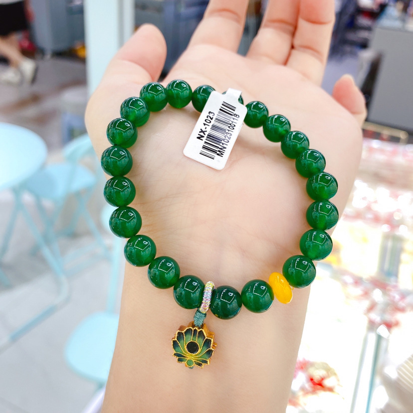Green Chalcedony Bracelet Female Summer Ins Internet Celebrity Special-Interest Design Vintage Ethnic Style Lotus Pendant Crystal Bracelet Jewelry