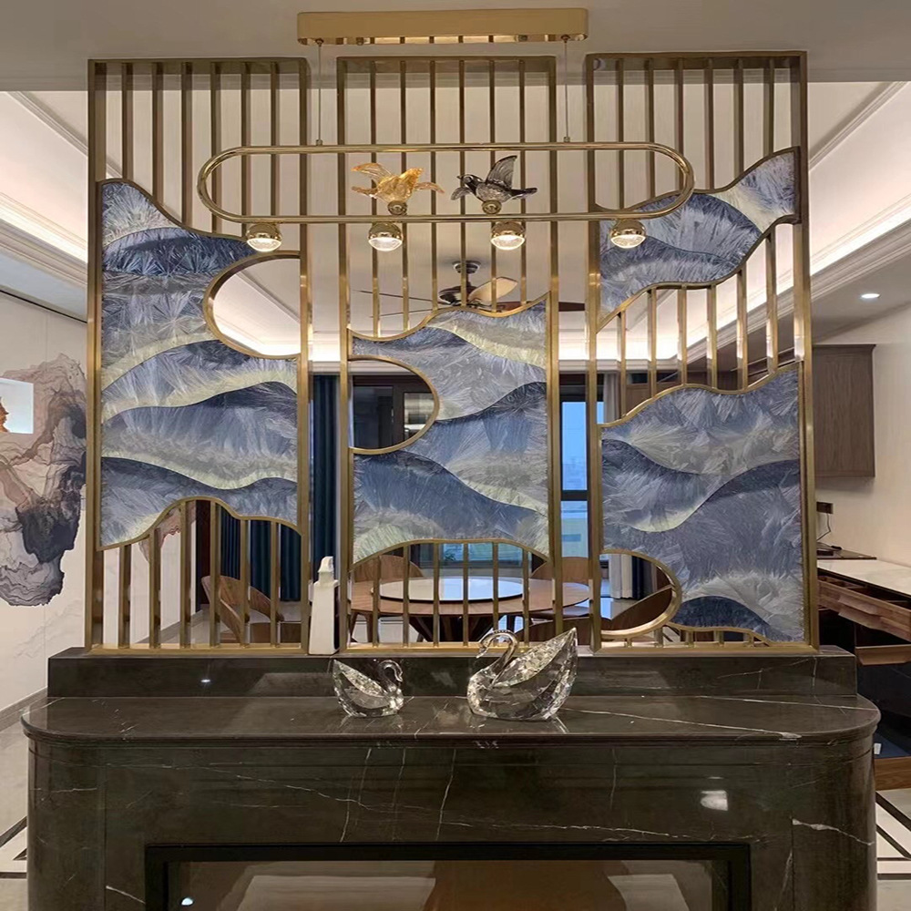 酒店大堂餐厅新中式屏风隔断客厅 不锈钢玄关镂空置物架遮挡装饰