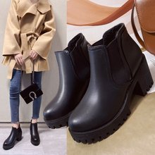 切尔西靴女2022秋冬新款韩版时尚粗跟高跟圆头套脚短筒黑色小短靴
