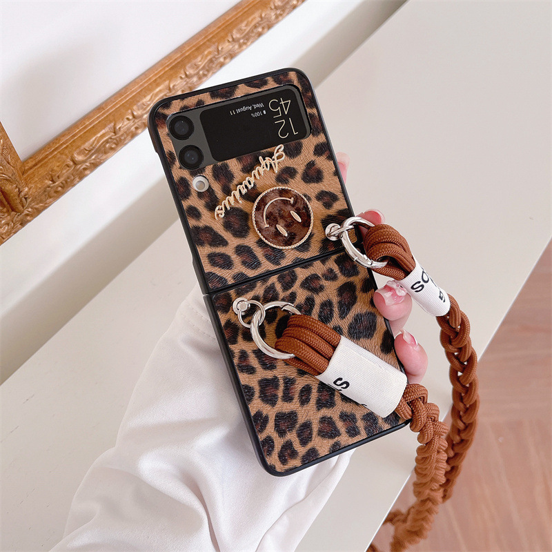 适用三星z flip3/4 5g手机壳麻绳斜跨豹纹皮壳折叠一体后盖保护套