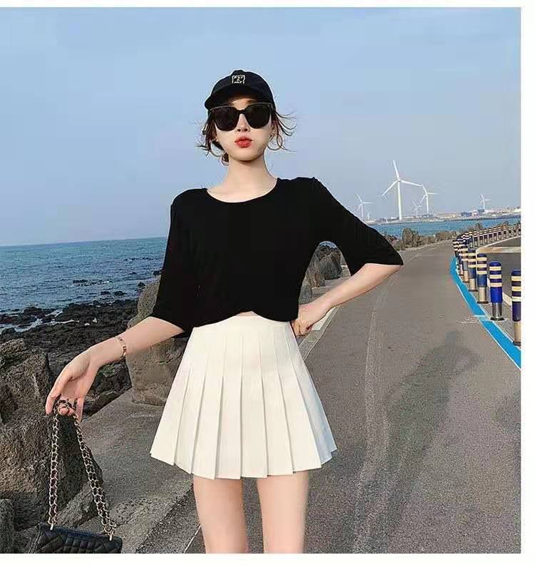 Pleated Skirt Skirt Women's Spring and Autumn New Skirt A- Line Skirt High Waist Slimming Black and White Exposure-Proof Skirt Summer