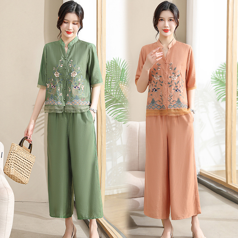 妈妈夏装套装民族风衣服洋气大码中老年女装夏季短袖棉麻衬衫上衣
