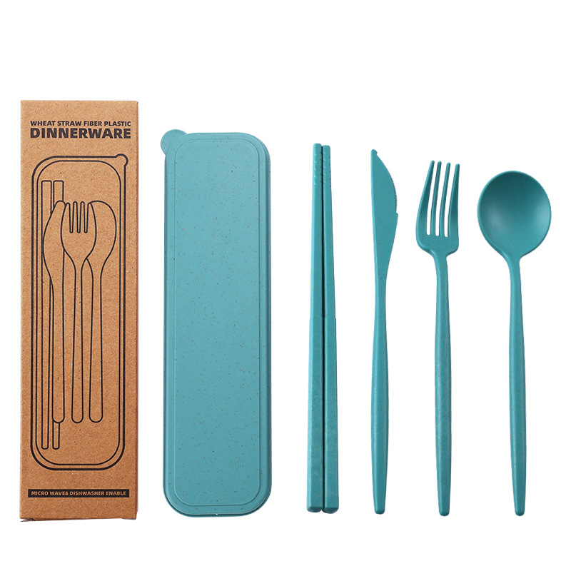 Amazon Wheat Straw Portuguese Knife and Fork Spoon Chopsticks Sets Student Outdoor Portable Case Tableware Four-Piece Set