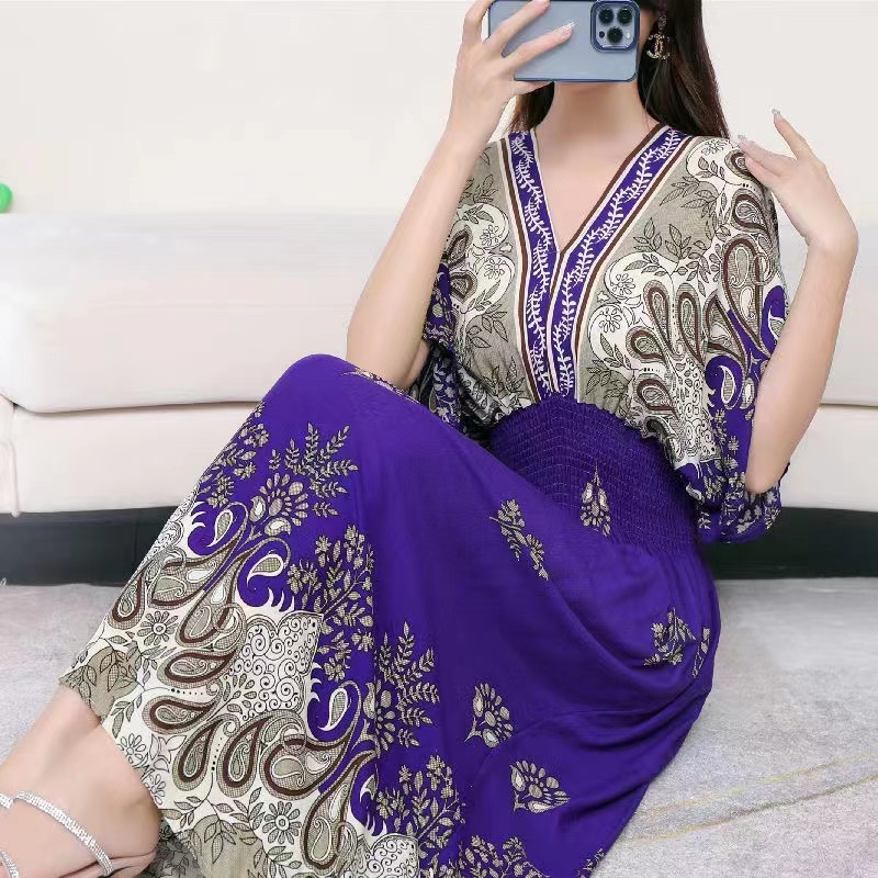 Southeast Asian Travel Thai Style Cotton Silk Floral Dress Women's Summer Ethnic Style V-neck Short Sleeve Pastoral Style Skirt