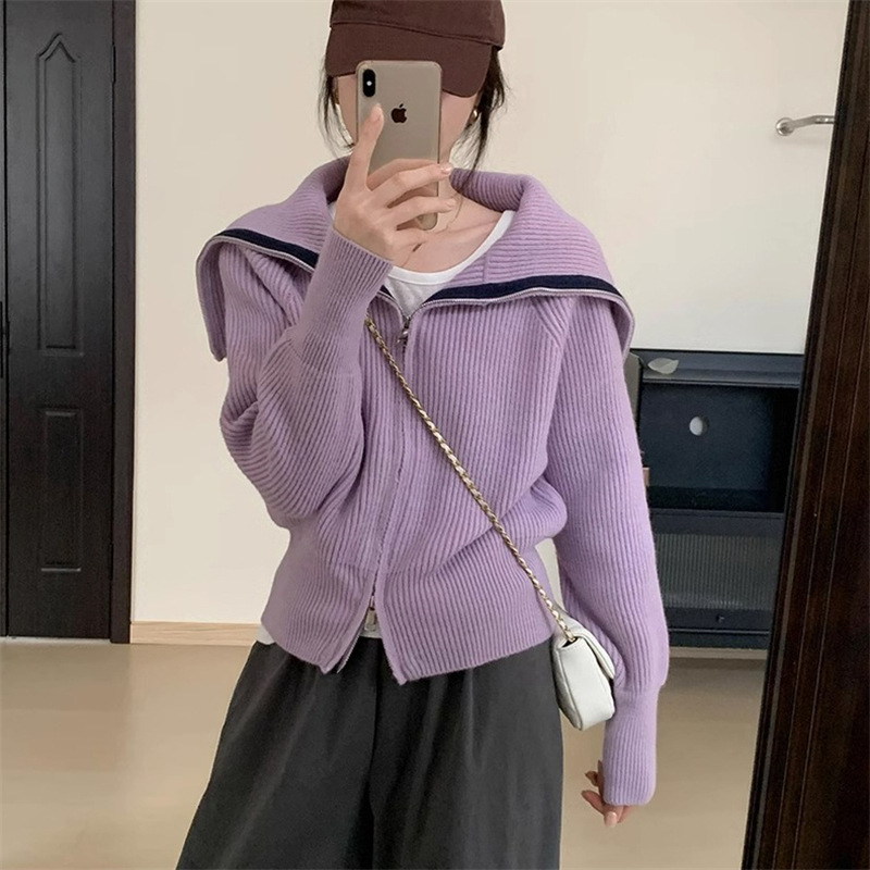 Elegant Lapel Zipper Sweater Cardigan 2023 New Fall Women‘s Clothing Korean Style Slimming Knitted Coat Women‘s Top