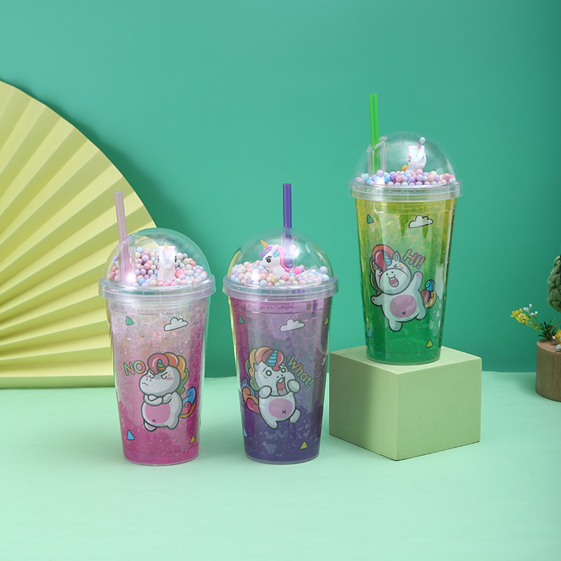 New Unicorn Cup with Straw Creative Ice Crushing Cartoon Drinking Cup Portable Student Plastic Cup Wholesale