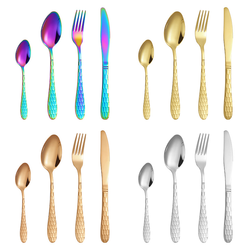 Water Cube Knife, Fork and Spoon Four-Piece Set Foreign Trade Hot Selling Stainless Steel Western Food Knife, Fork and Spoon Titanium Plated Magic Color Creative Knife, Fork and Spoon