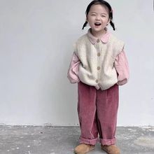 韩版女童2024秋装新款针织马甲背心女宝宝翻领粉色衬衫卷边阔腿裤