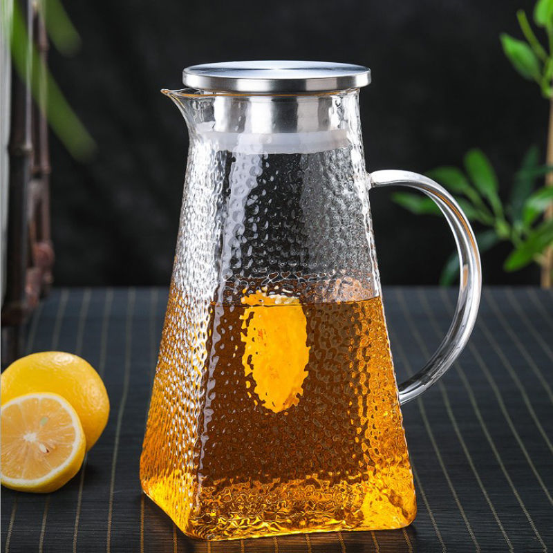 Hammered Square Bottom Glass Cold Water Bottle Household Stainless Steel Cover Juice Lemon Pot Large Capacity Drying Cool Boiled Water Jug