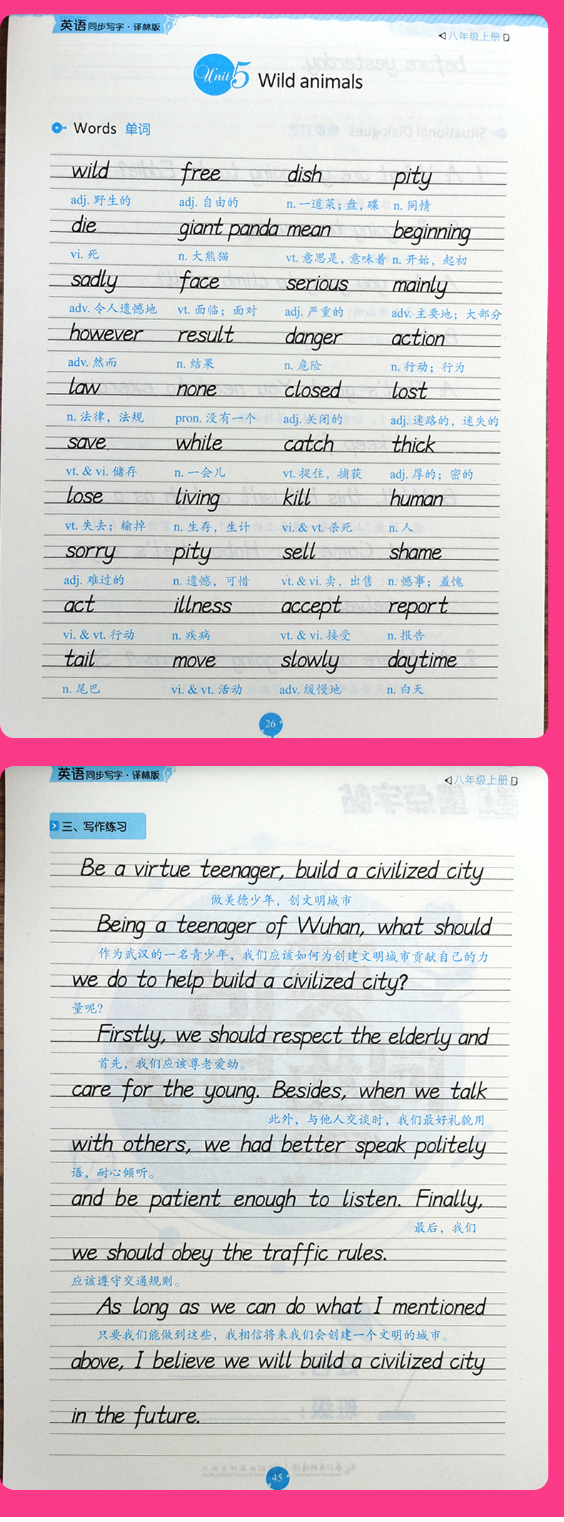 墨点译林版英语同步写字衡水体八年级上下册单词短语语法临摹字帖