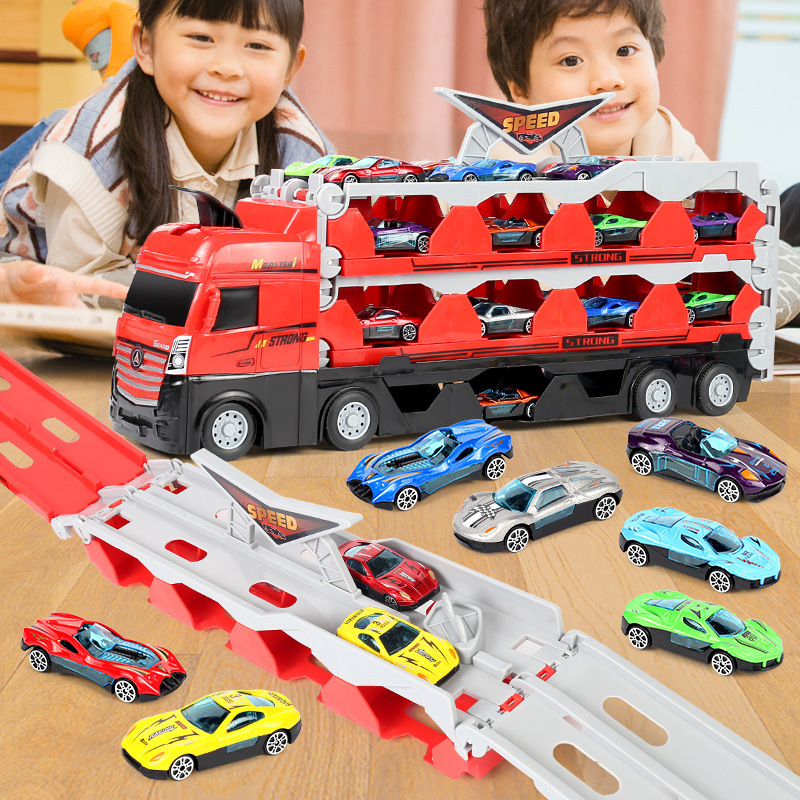 Children's Deformation Catapult Truck Folding Track Competition Metal Car Large Inertia Storage Container Truck Toys