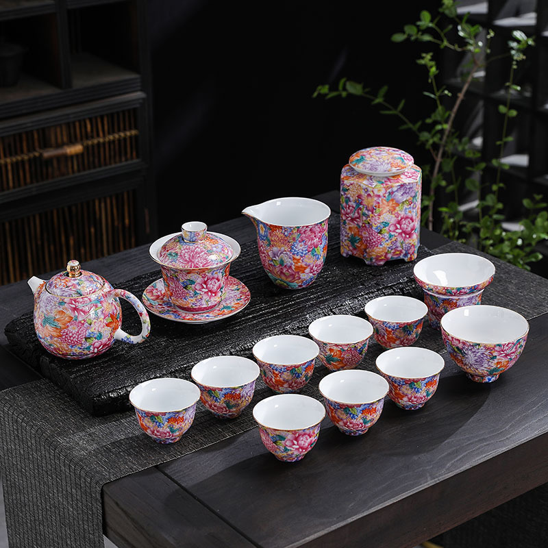 珐琅彩茶具套装扒花茶壶万花三才盖碗茶壶套组陶瓷茶叶罐礼盒整套