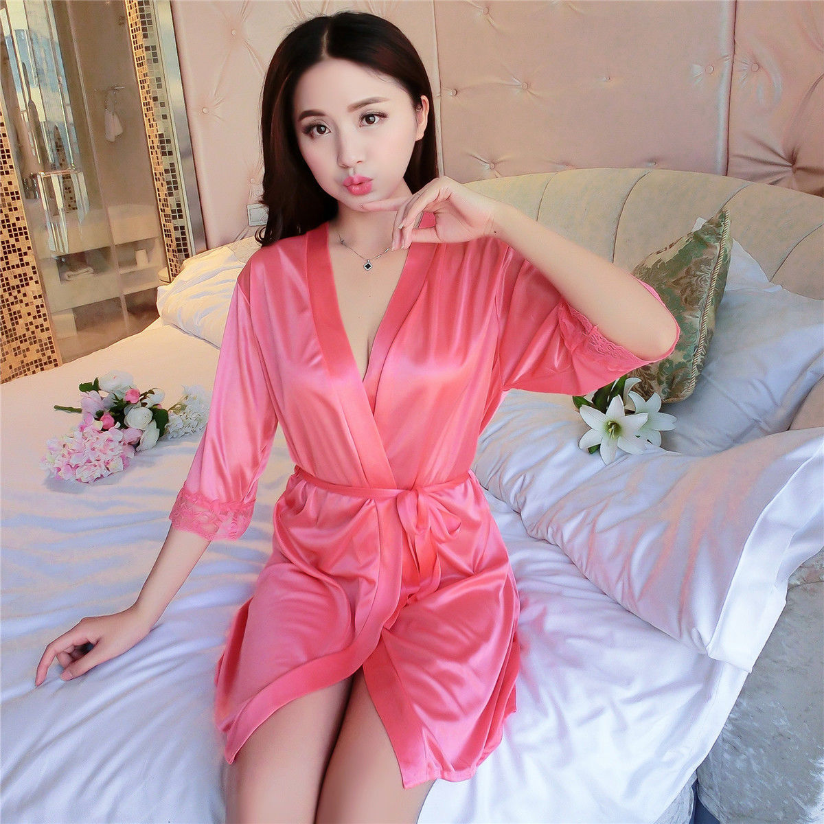 Jingchun Manufacturer Sexy Lingerie Women's Sexy Shiny Ribbon Bathrobe Pajamas Factory Direct Sales