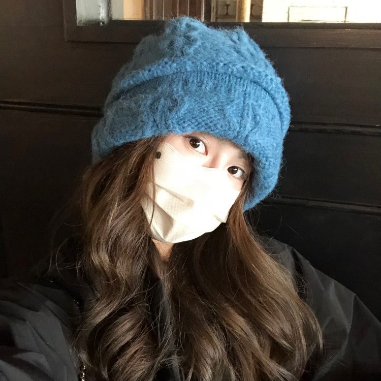 korean style handmade knitted sleeve cap autumn and winter new thickened woolen cap children‘s face slimming earflaps warm pile heap cap