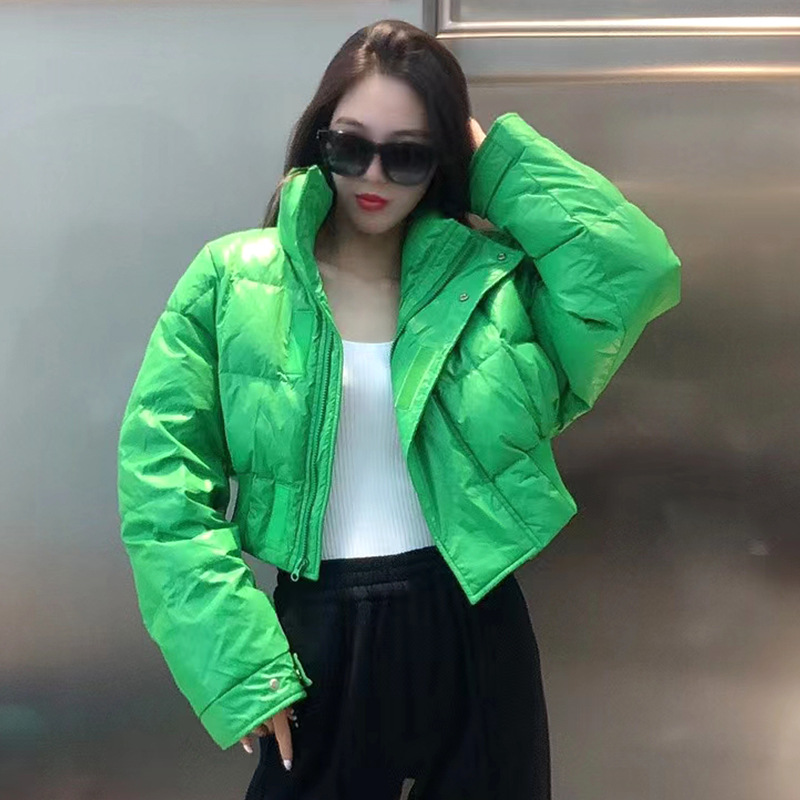 绿色短款小款羽绒服女高腰小个子收腰白鸭绒2021年冬冬装外套