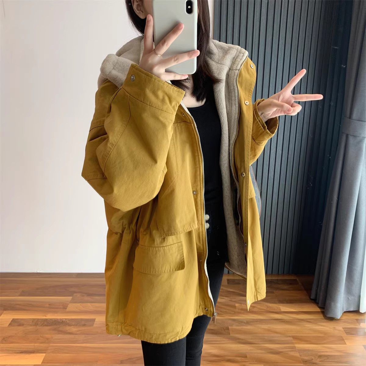 港风羊剪毛加绒连帽多口袋加厚宽松棉服派克服wt11322~-阿里巴巴