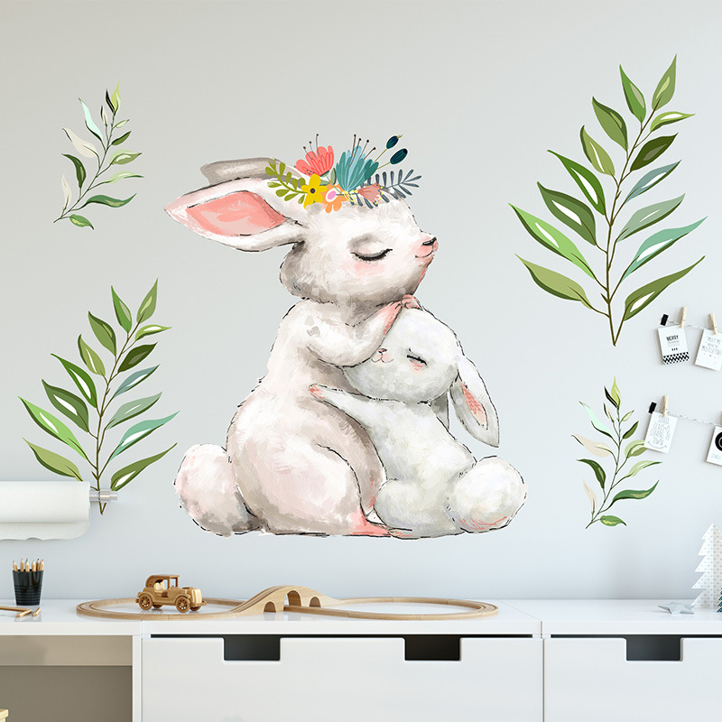 手绘水彩兔子拥抱墙贴纸客厅卧室儿童房自粘装饰贴画ay20078