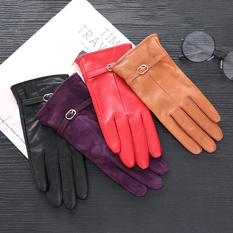 Cross-Border Women's Genuine Leather Gloves Warm Cycling Winter Gloves Outdoor Sheepskin Gloves Women Velvet Lined Gloves Wholesale