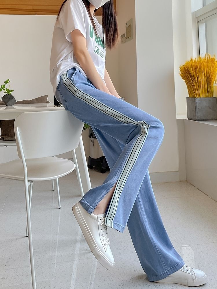天丝牛仔裤女高腰垂感夏季新款侧开叉宽松薄款直筒裤子冰丝阔腿裤