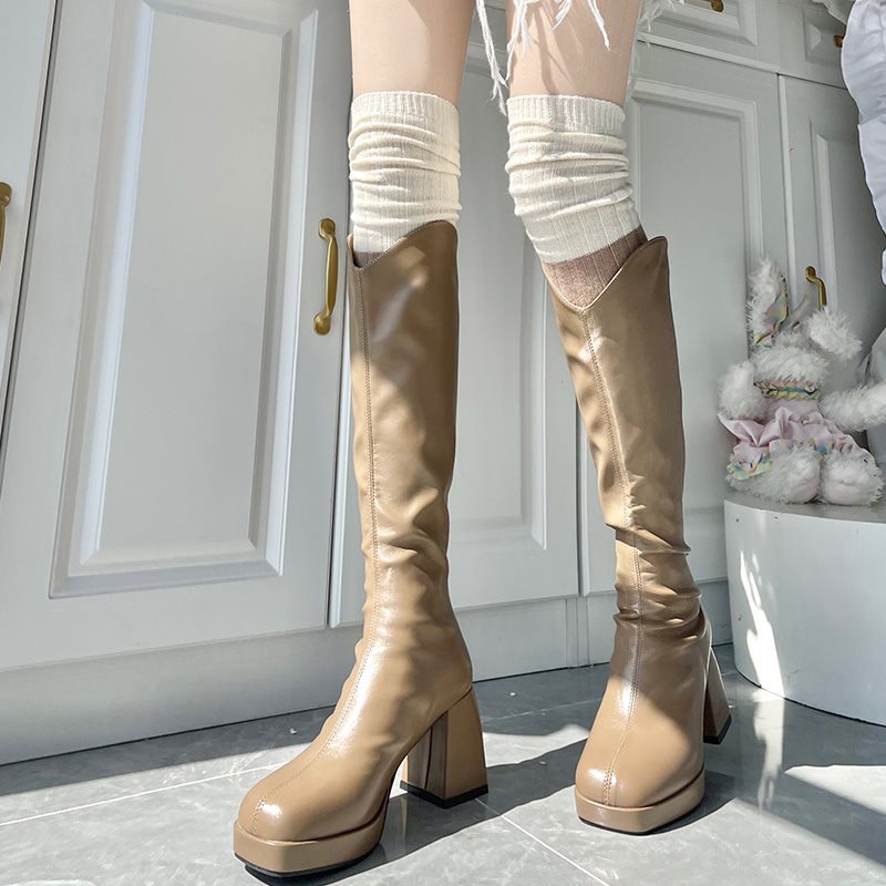 秋冬复古奶白长筒袜女卡其高筒配靴拼色大腿袜日系拼接过膝堆堆袜