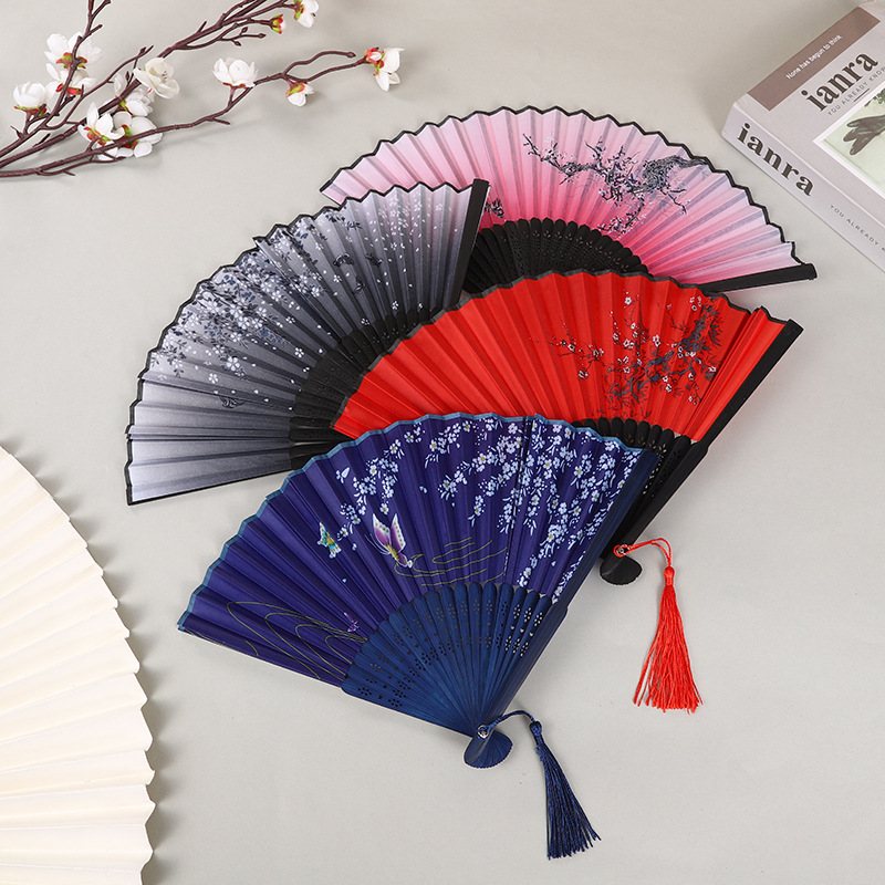 Japanese Folding Fan Antique Chinese Ancient Style Medium Long Handle Raw Silk Fan Craft Gift Ladies Dance Fan Factory Wholesale