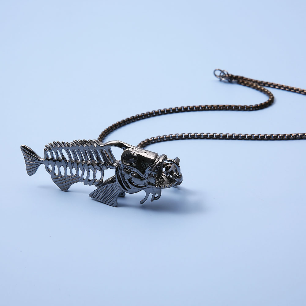 欧美简约时尚潮流立体鱼合金项链 男士饰品复古合金鱼骨吊坠饰品