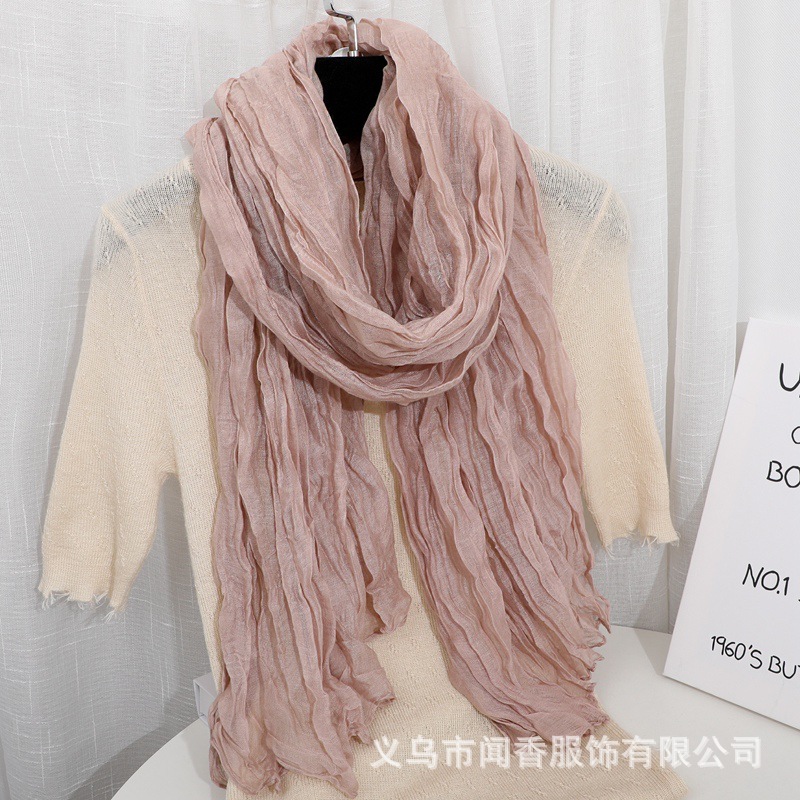 Solid Color Crumpled Cotton and Linen Scarf Women's Keep Warm and Windproof in Winter Cold-Proof Scarf Temperament Western Style All-Match Sunscreen Shawl