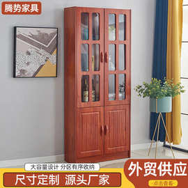 新中式木质书柜家用落地带玻璃门靠墙收纳柜现代简约橱柜