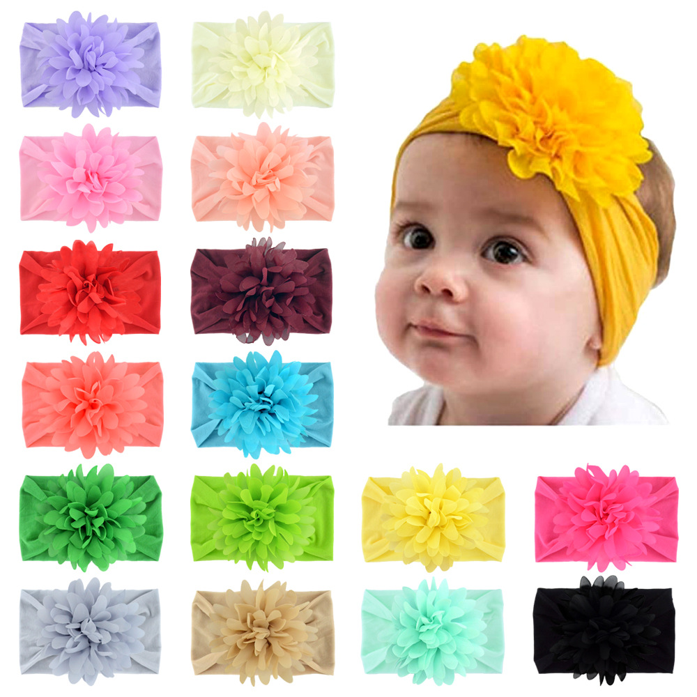 European and American Children's Hair Accessories Solid Color Chiffon Flower Elastic Nylon Baby Headband Soft Wide Brim Baby Hair Band Wholesale