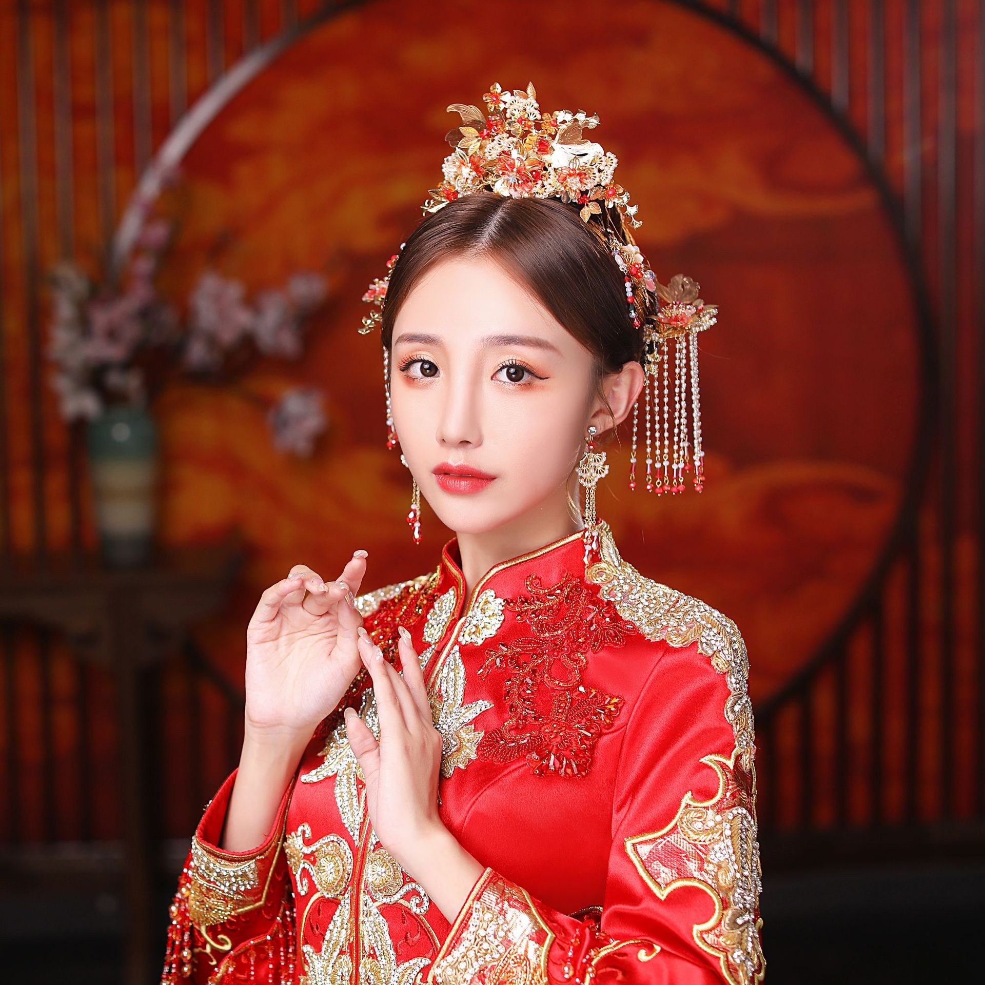 现货儿童汉服古装女头饰复古中式新娘秀禾发冠耳环 发簪流苏唯美06