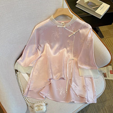 新中式改良旗袍国风衬衫女设计感小众高端气质粉色缎面盘扣上衣夏