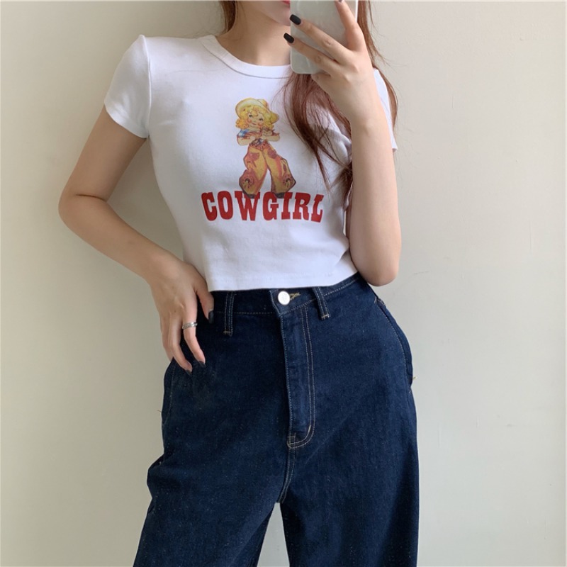 Short-Sleeved T-shirt Women's Short Slim-Fit Short Top Chic Elegant Scheming High Waist Navel-Exposed 2023 New Stall Women's Clothing