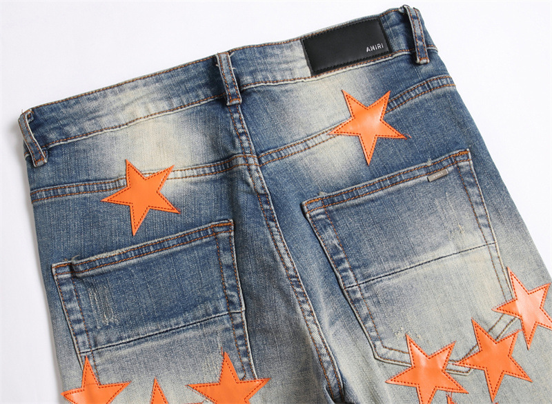   AM Foreign Trade Style Punk Retro Blue Ripped Slim Fit Stretch Embroidery Five-Pointed Star Feet Men's Jeans 3322