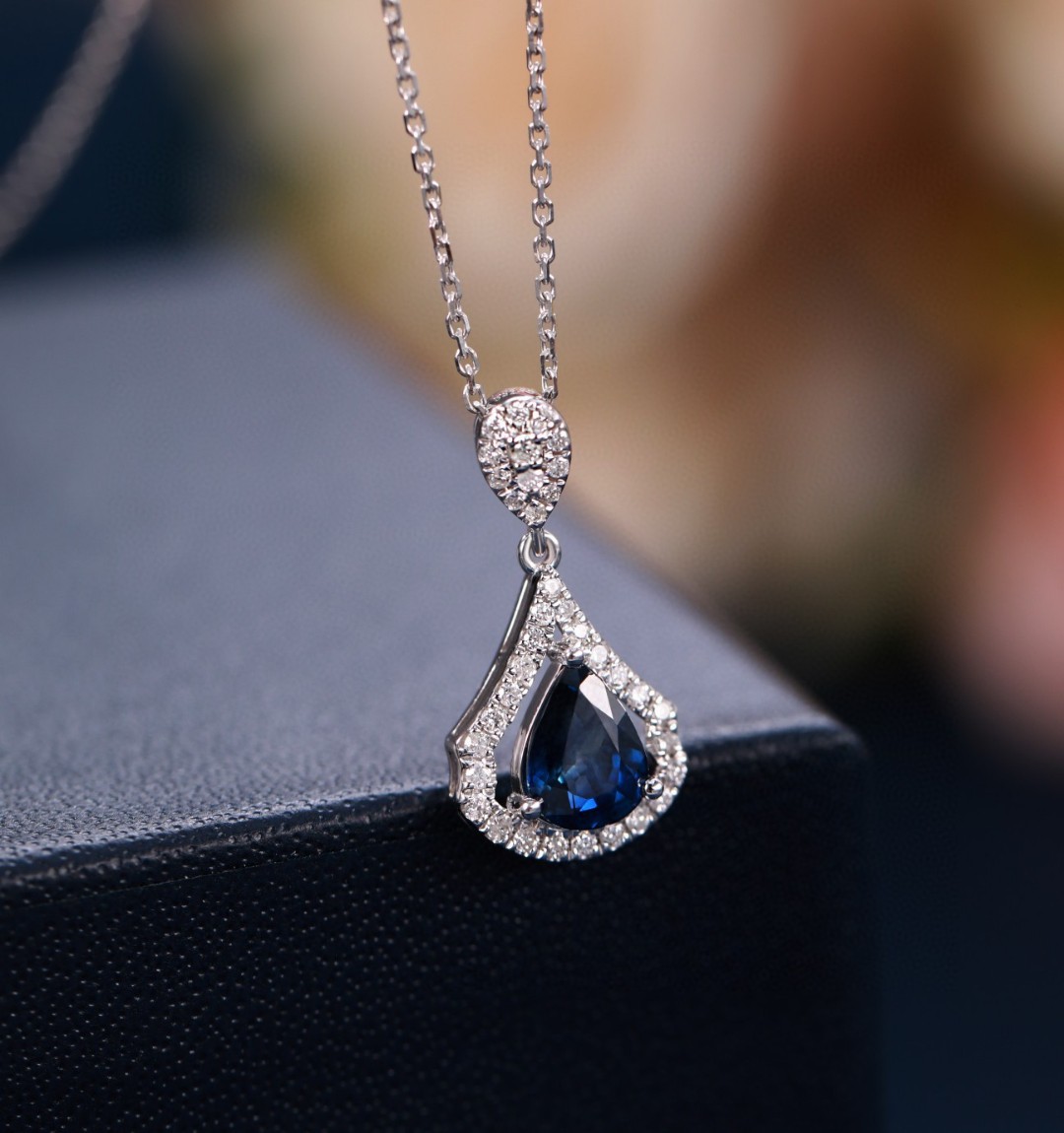 18k金皇家蓝宝石水滴吊坠au750金钻石扇形裙子项链批发女主石90分