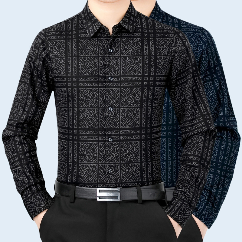 专柜同款100山羊绒衬衫男秋冬时尚印花男士上衣休闲无痕爸爸衬衣