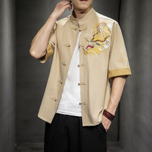 新款中国风复古盘扣男士龙刺绣短袖衬衫休闲时尚大码男式衬衫外套