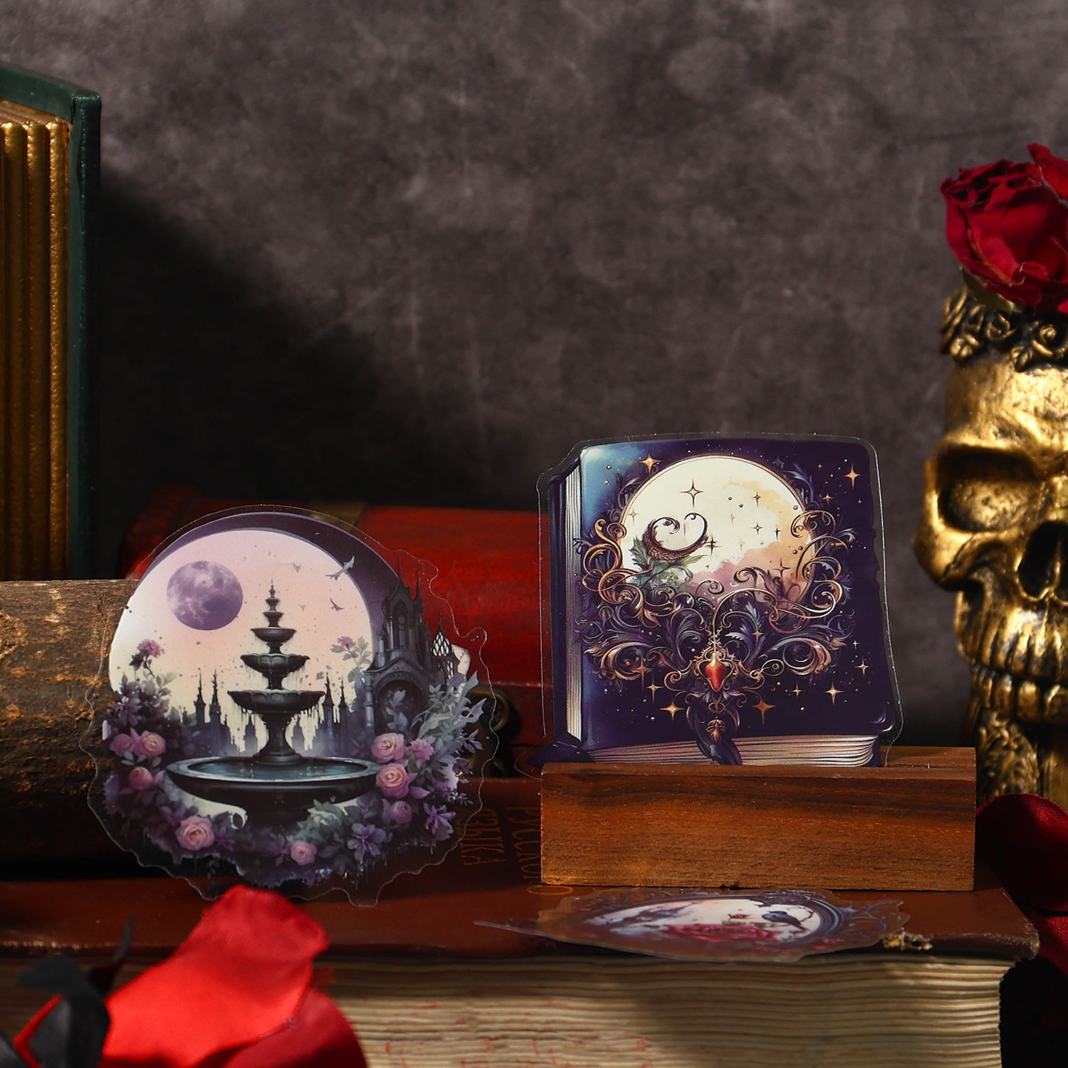 跨境pet贴纸 暗影系列 暗黑哥特风复古手帐手账花卉拼贴贴画4款