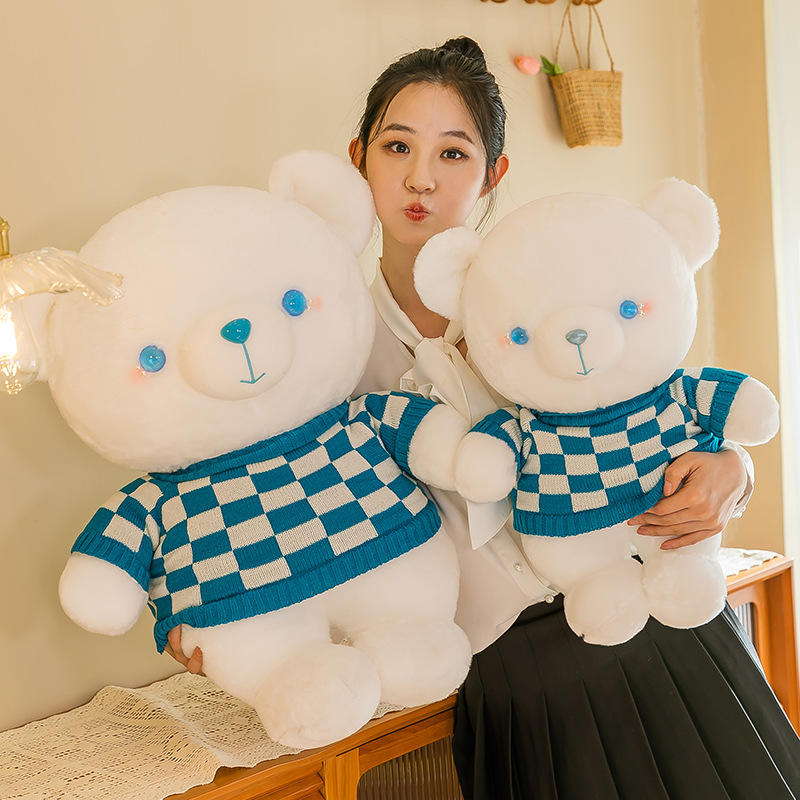 Cross-Border New Arrival Blue and White Plaid Little Bear Doll Dressing Teddy Bear Plush Toy Pillow Birthday Gift Promotion Wholesale