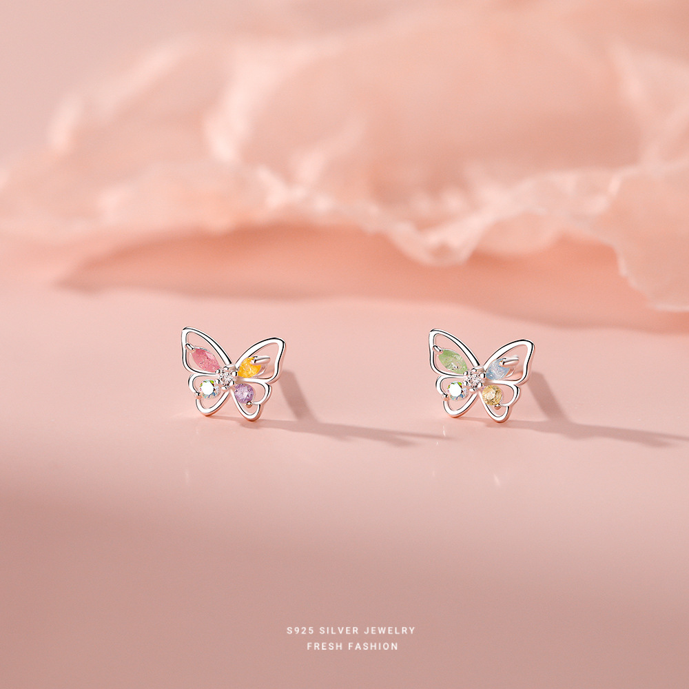 925 sterling silver flash color diamond butterfly stud earrings female sweet ins cute small mini color treasure earrings earrings generation hair