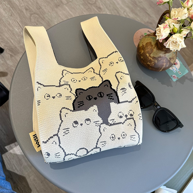 Cute Kitty Knitted Vest Handbag Cartoon Convenient Vest Handbag Wrist Bag Work Commuter Bag