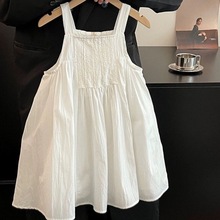 白色女童连衣裙2024夏季中小童新款洋气时尚纯色透气纯棉吊带裙子