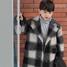 23秋冬新款韩国童装男童中小童黑白格呢子夹棉加厚长款大衣外套