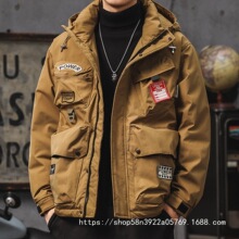 工装冲锋夹克衣服男冬季机能连帽多口袋加厚羽绒服男士美拉德批发