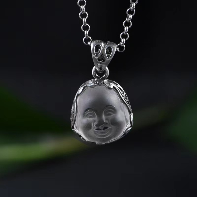 巧匠灵工 s925银 镶嵌白水晶银饰品 复古泰银女款佛头锁骨链吊坠