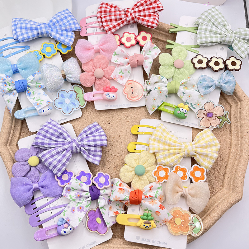 韩系可爱布艺格子蝴蝶结花朵套装儿童头饰发夹甜美女童树脂发卡