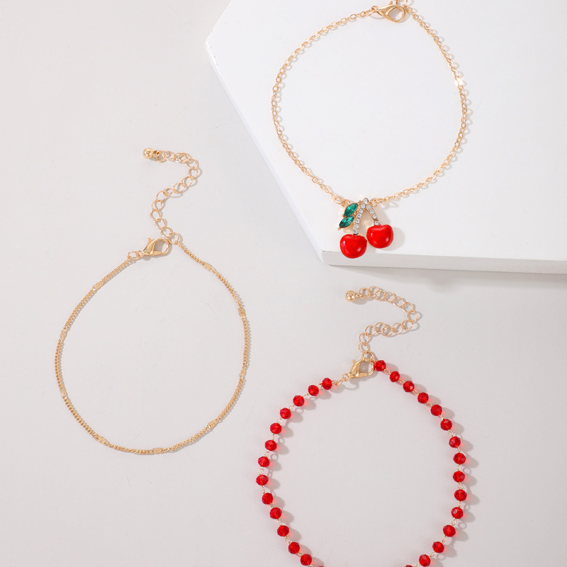 Europe and America Cross Border Red Rice-Shaped Beads Stringed Beads Multi-Layer Foot Ornaments Diamond Cherry Cherry Anklet Three-Piece Suit