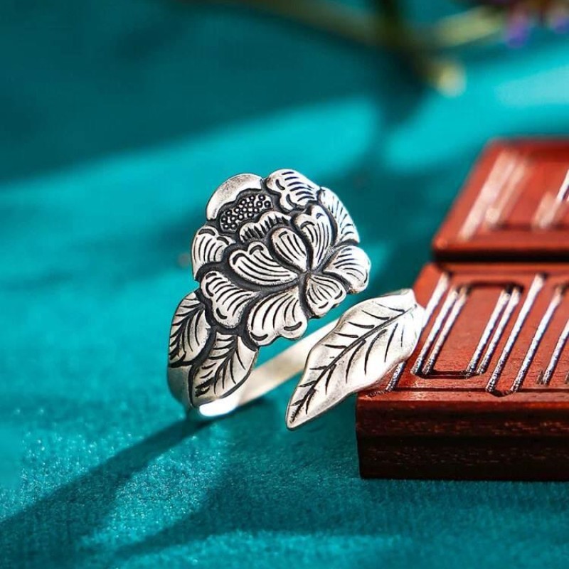 无字印2024新款手工錾刻国风做旧牡丹花开口可调节戒指送女友礼