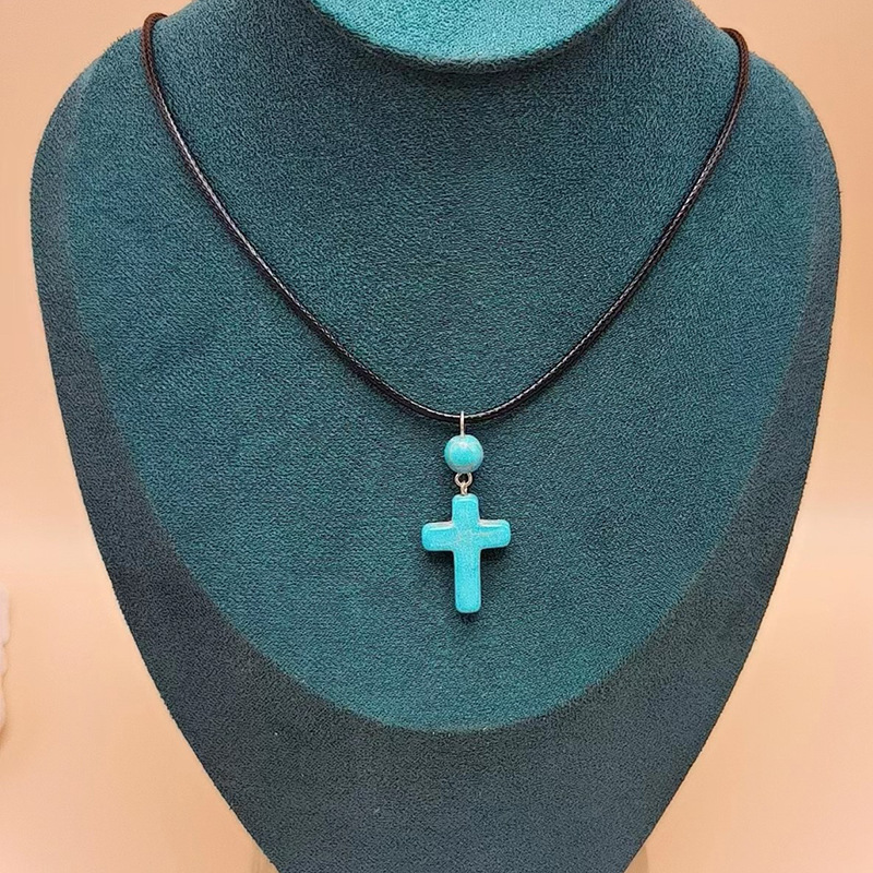 简约青色十字架项链 小众设计款绿松石十字架项链毛衣链女-阿里巴巴